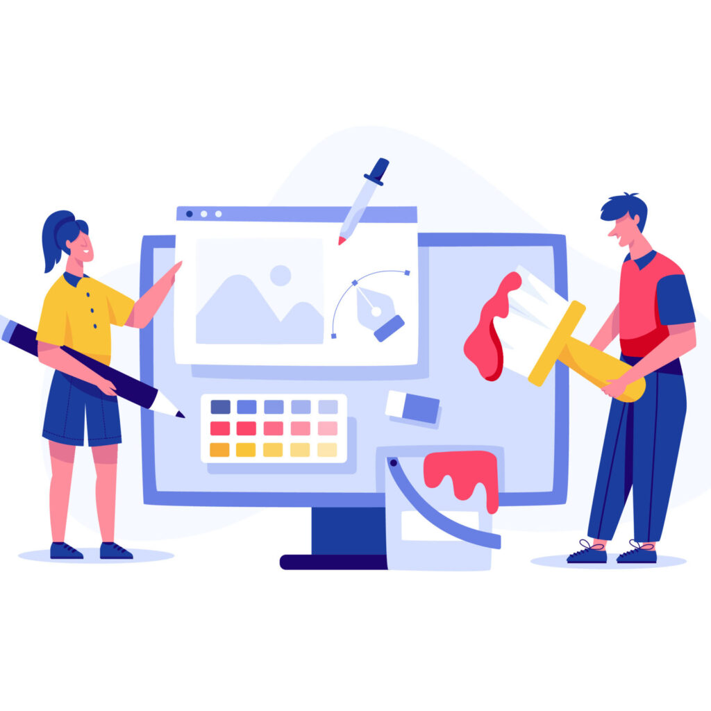 Illustration of two designers working on a computer screen with color palettes and drawing tools, symbolizing graphic design and creative branding.
