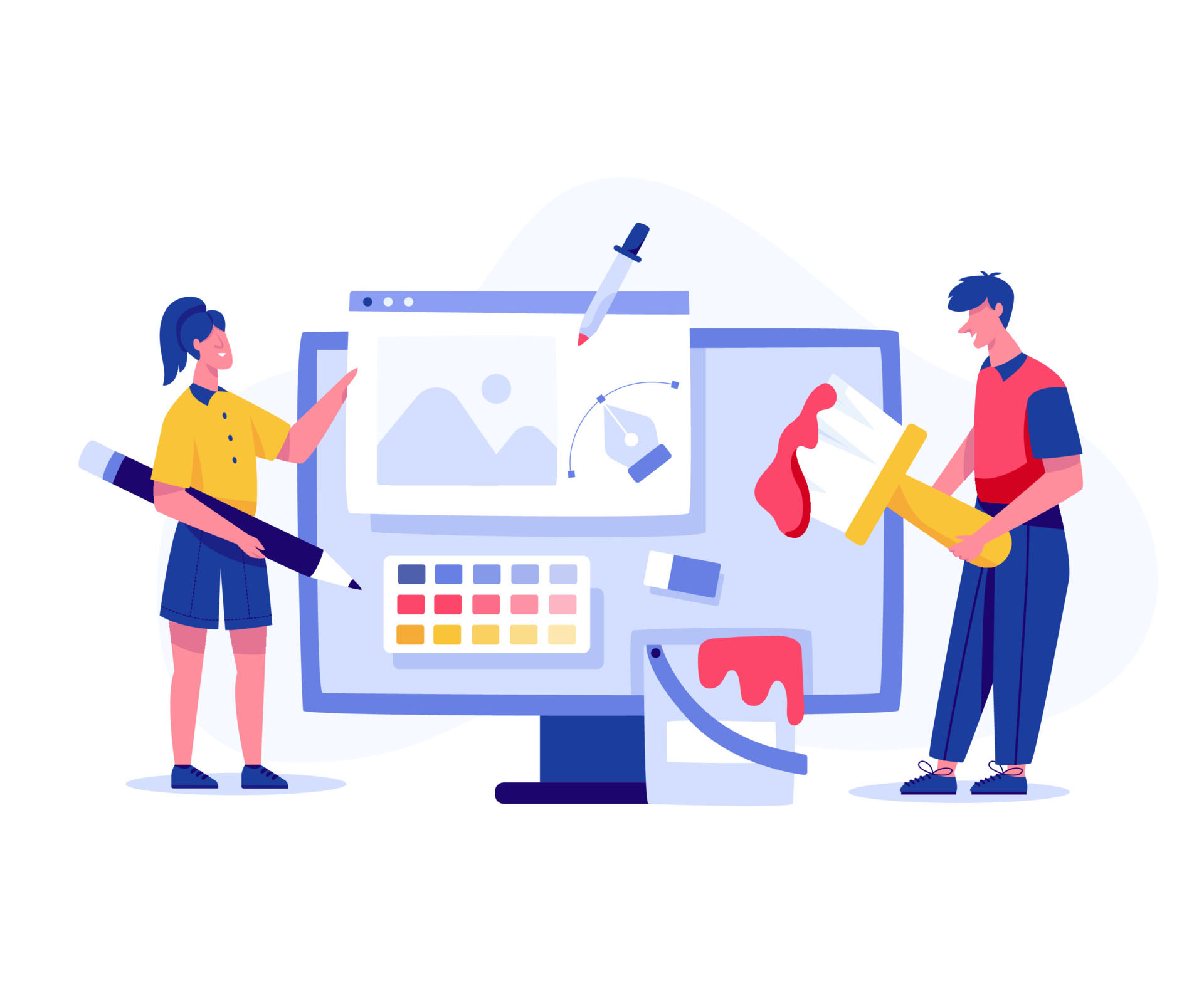 Illustration of two designers working on a computer screen with color palettes and drawing tools, symbolizing graphic design and creative branding.