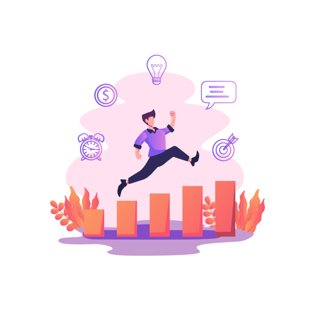 Illustration of a man jumping over rising bar graphs with icons representing goals, time, money, and ideas — symbolizing business growth and success.