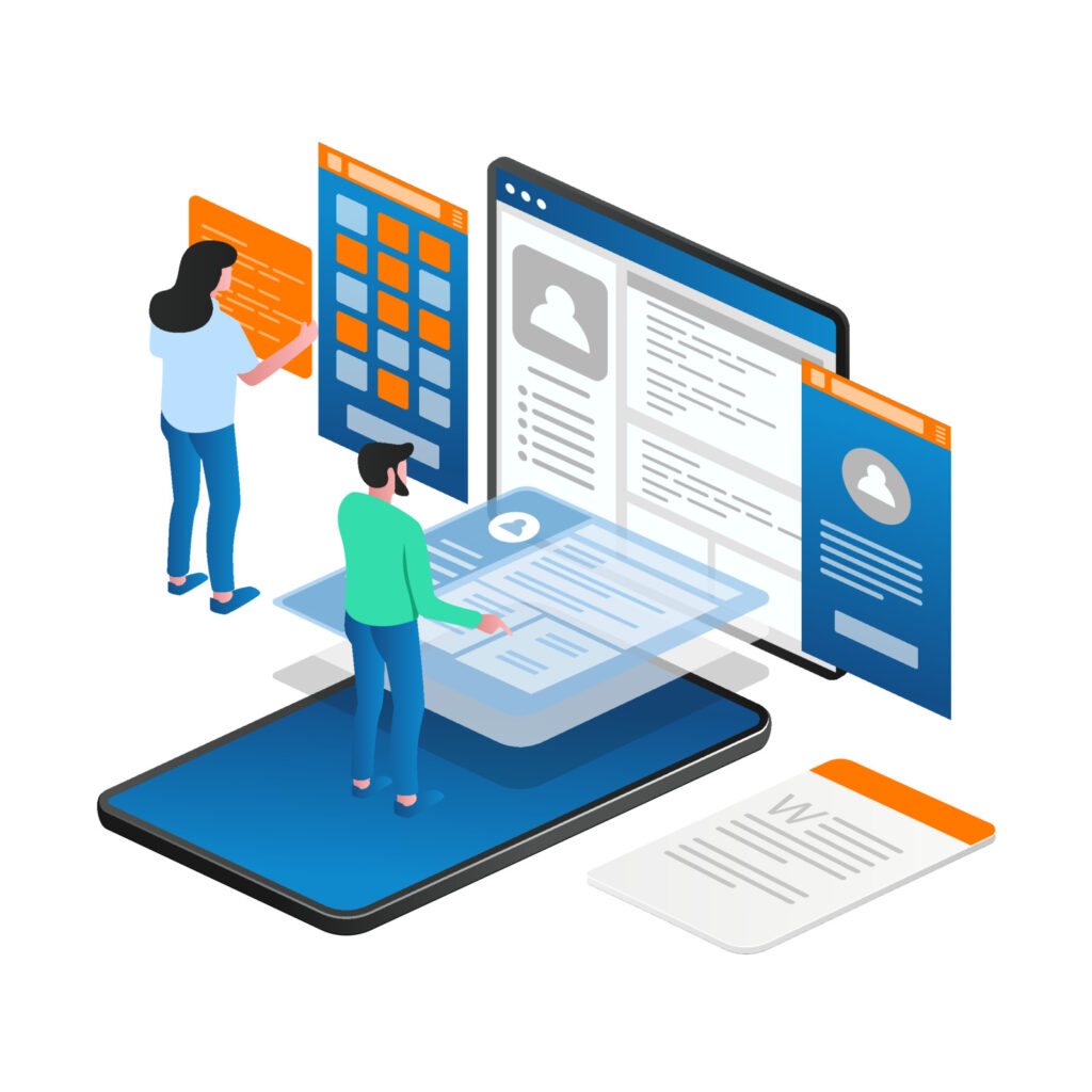 Illustration of a design team building a responsive user interface on a large mobile screen, representing web design processes.