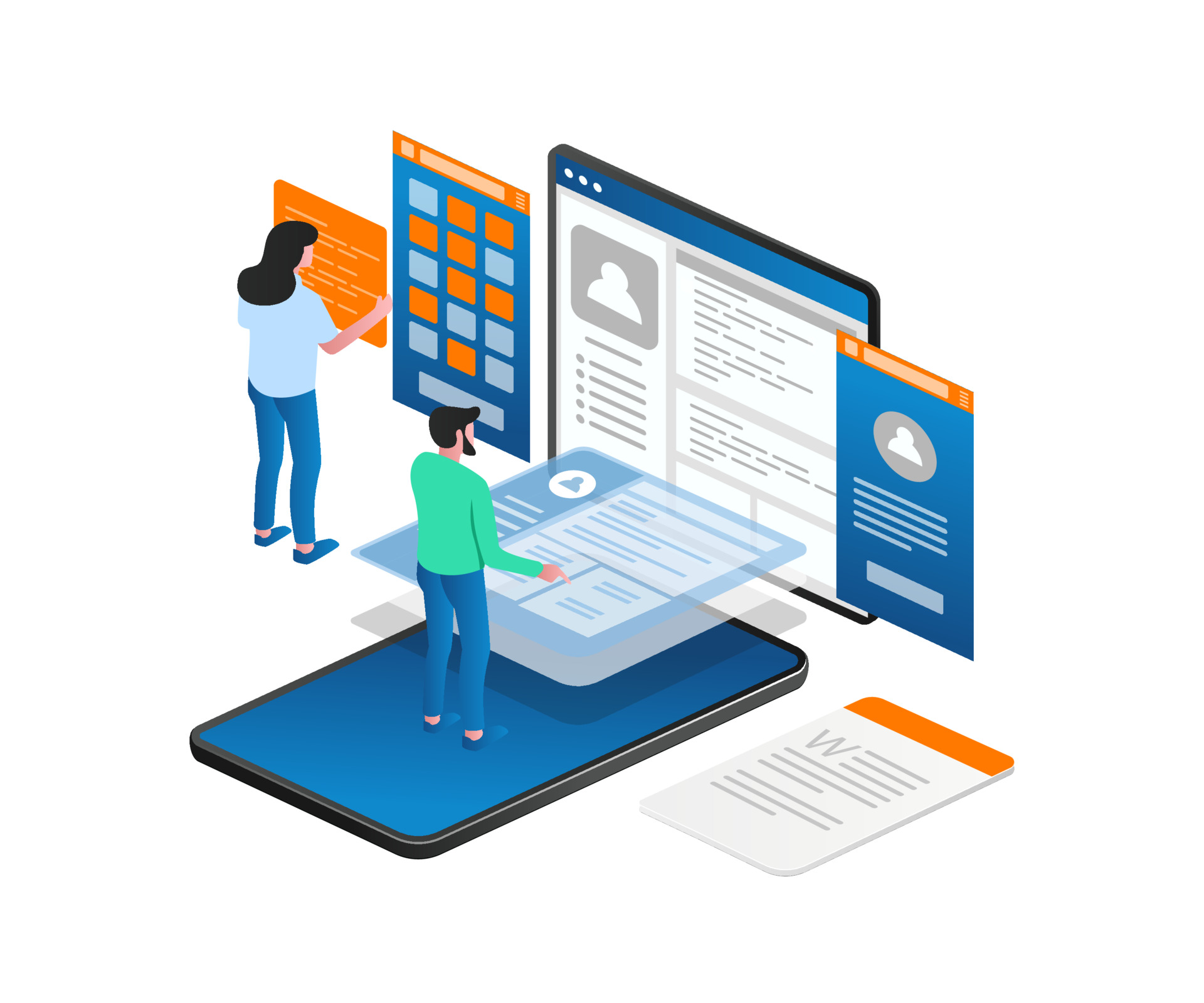 Illustration of a design team building a responsive user interface on a large mobile screen, representing web design processes.