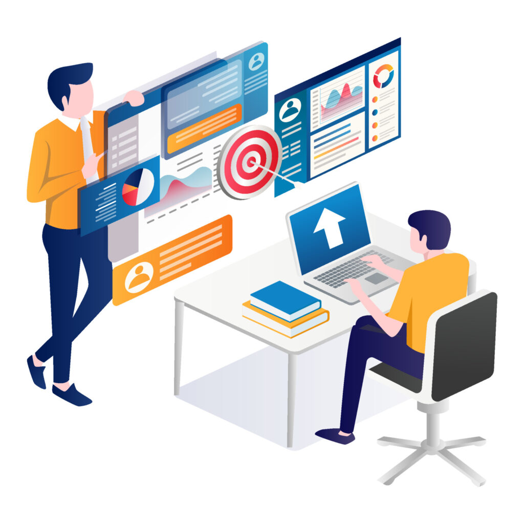 llustration of two professionals analyzing digital marketing dashboards and performance charts, representing sales strategy and online marketing analytics.