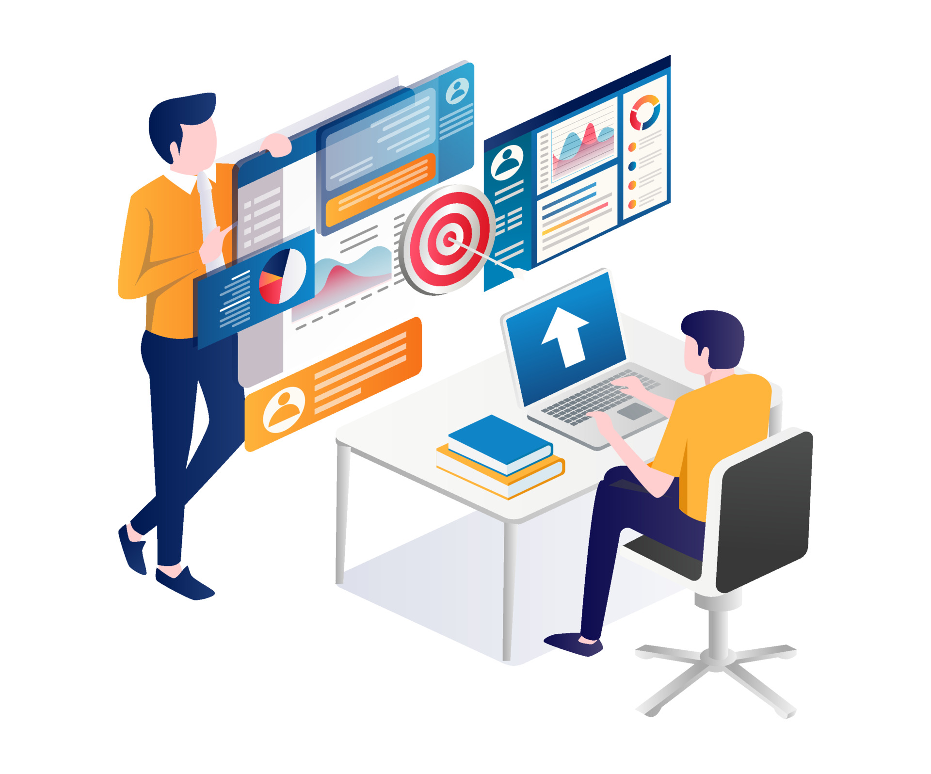 llustration of two professionals analyzing digital marketing dashboards and performance charts, representing sales strategy and online marketing analytics.